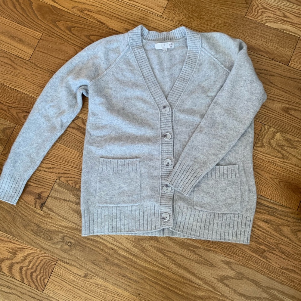 LOFT Light Gray Button-Up V-Neck Cardigan